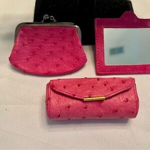 Genuine Ostrich Pink Lipstick/Pill case, mirror, Change Accessories Set